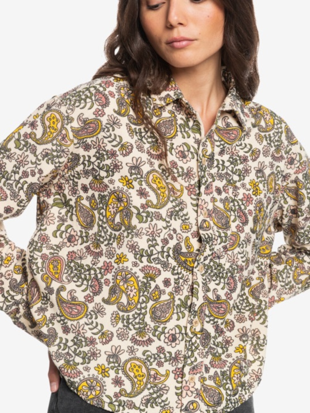 Quiksilver Corduroy Paisley Peace Print Boyfriend Button Down 100% Cotton XS - Picture 7 of 8